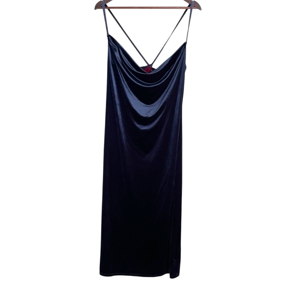 Ryegrass Velvet Bodycon Midi Dress XL Midnight Blue Cowl Neck Crossback Cocktail